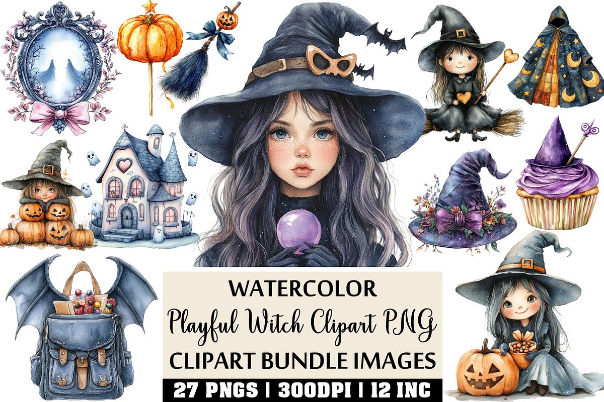 Playful Witch Clipart PNG Set, an Illustration by Craft Nest (Photo 1 of 4)
