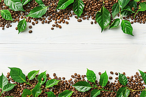 Flat lay of coffee beans with green leaves and copyspace for text on white wood, a Food & Drink Photo by AlyaAnd