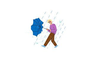 Man walking with broken umbrella in, an Illustration by pikepicture