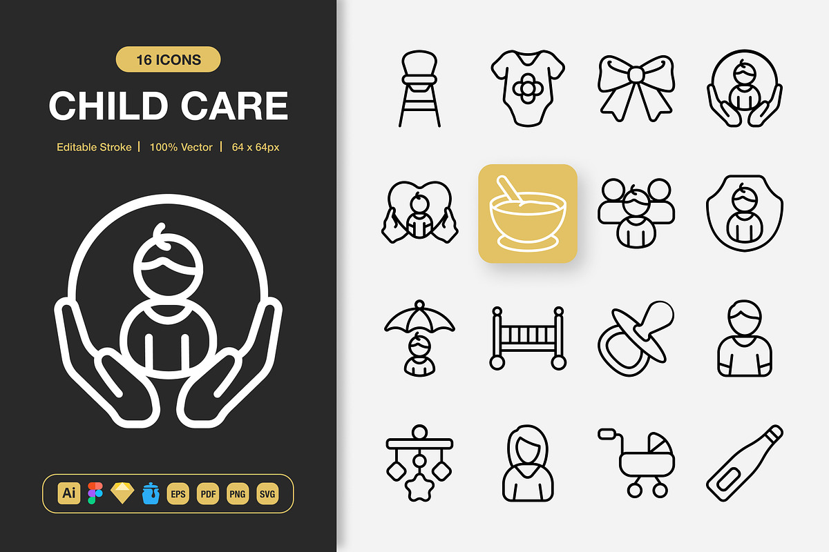 Child Care Icons, an Outline Icon by Spacepixel Creative