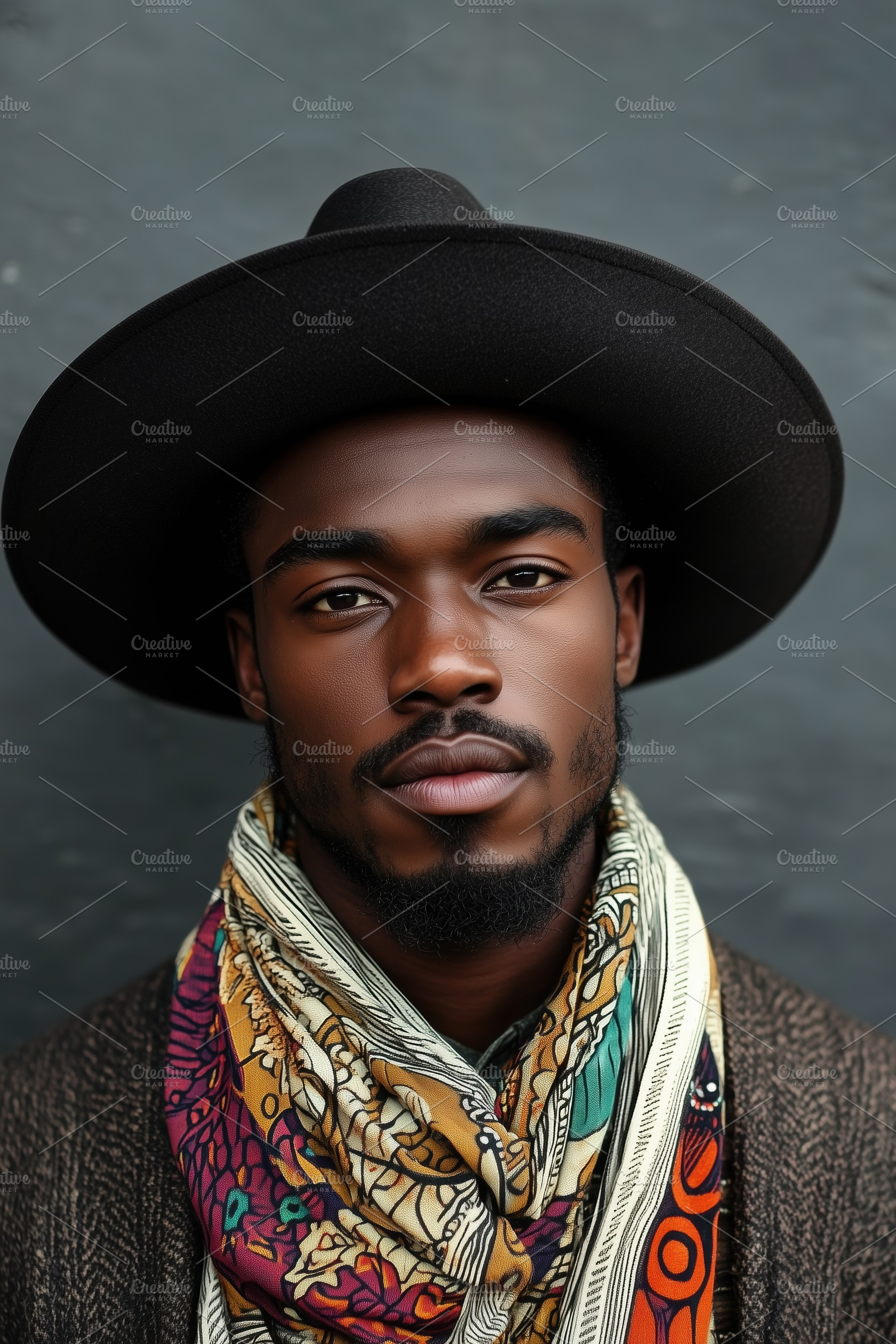 A stylish young african man with a beard wearing a large black hat and a colorf, a Person Photo by Textures & Backgrounds