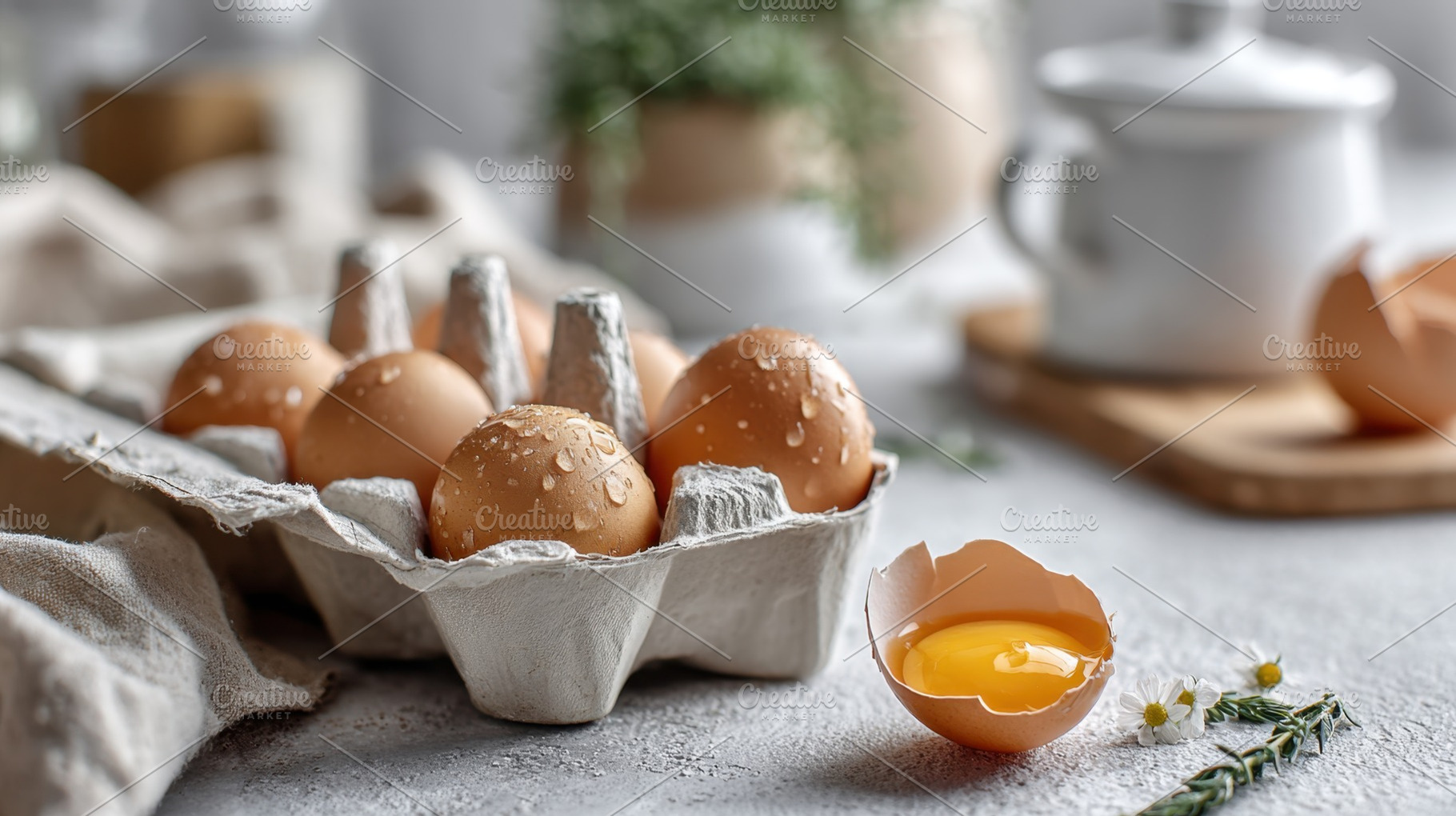 Fresh eggs on a kitchen table, a Photo by Beautiful things