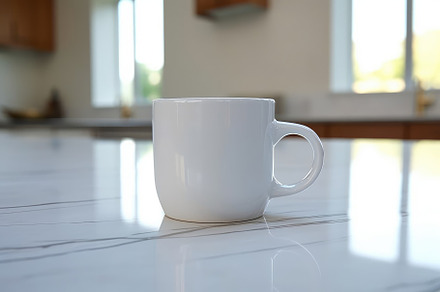 A clean and simple composition of a white coffee mug placed on a, a Food & Drink Photo by designvectx