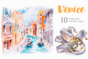 Watercolor Venice Clipart Set, a Decorative Illustration by ArtCreationsDesign (Thumbnail 1 of 2)