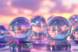 Iridescent Spheres on Reflective Surface at Sunset, an Abstract Photo by Natalia Klenova's Shop
