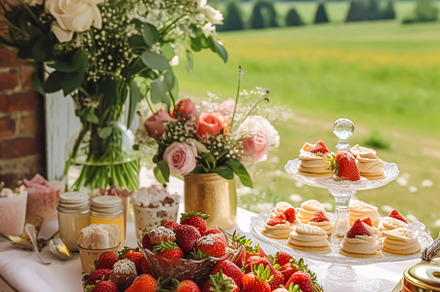 Strawberry dessert buffet table, food catering for wedding, part, a Food & Drink Photo by Anneleven