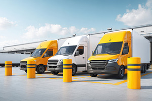 Delivery vans parked at a modern warehouse, a Transportation Photo by AlyaAnd