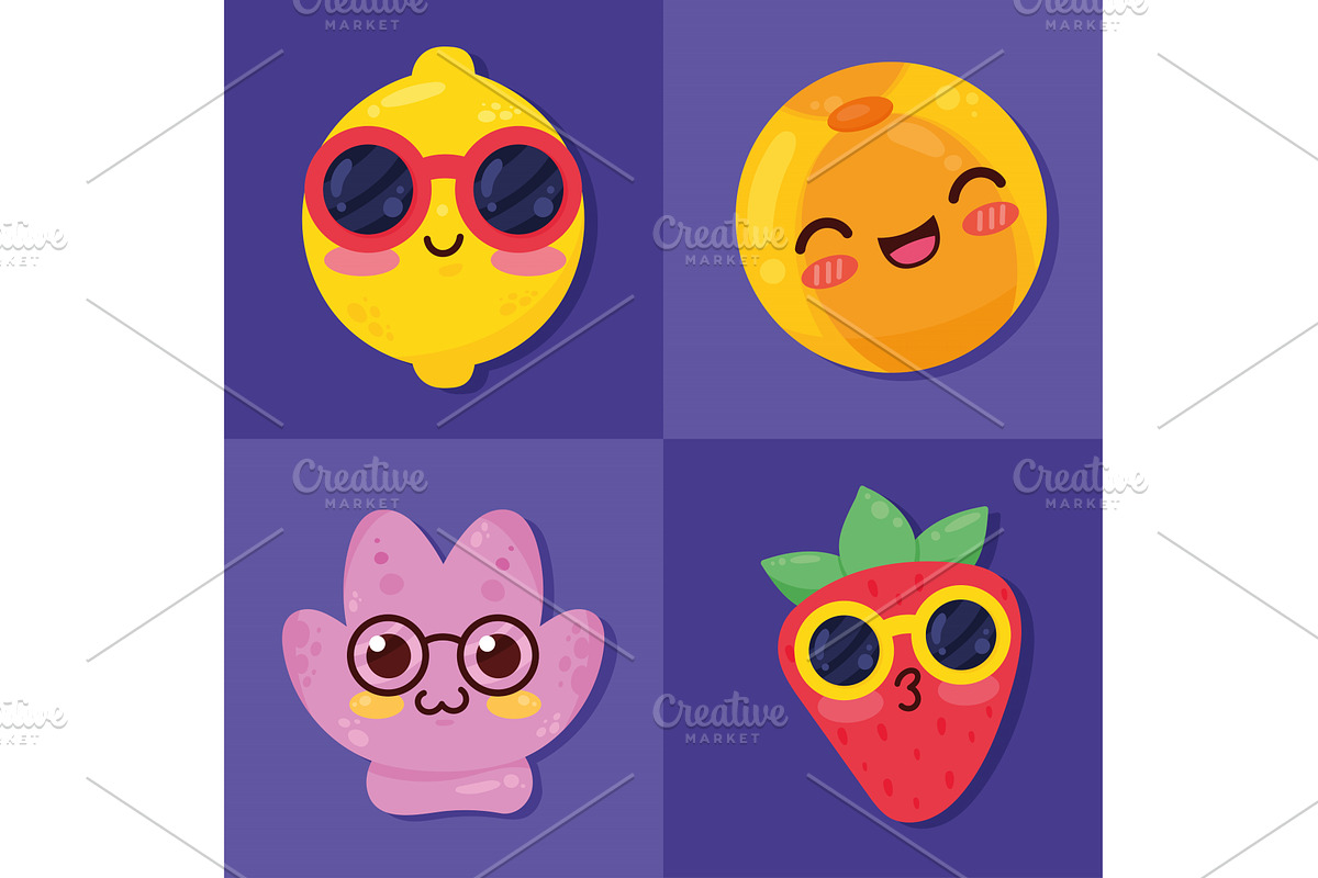 four summer kawaii icons, an Object Illustration by studiogstock