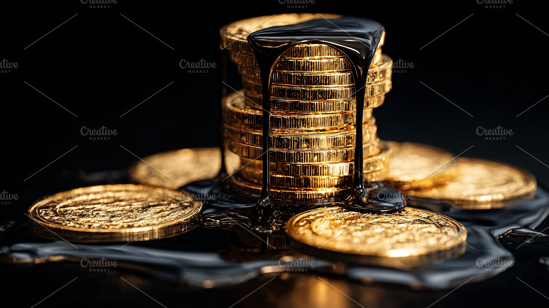 Gold coins melting into black oil, a Business Photo by Design Store