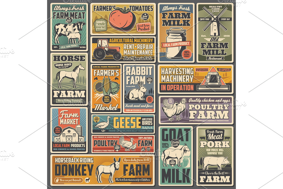 Agriculture and farm retro posters, an Animal Illustration by Vector Tradition