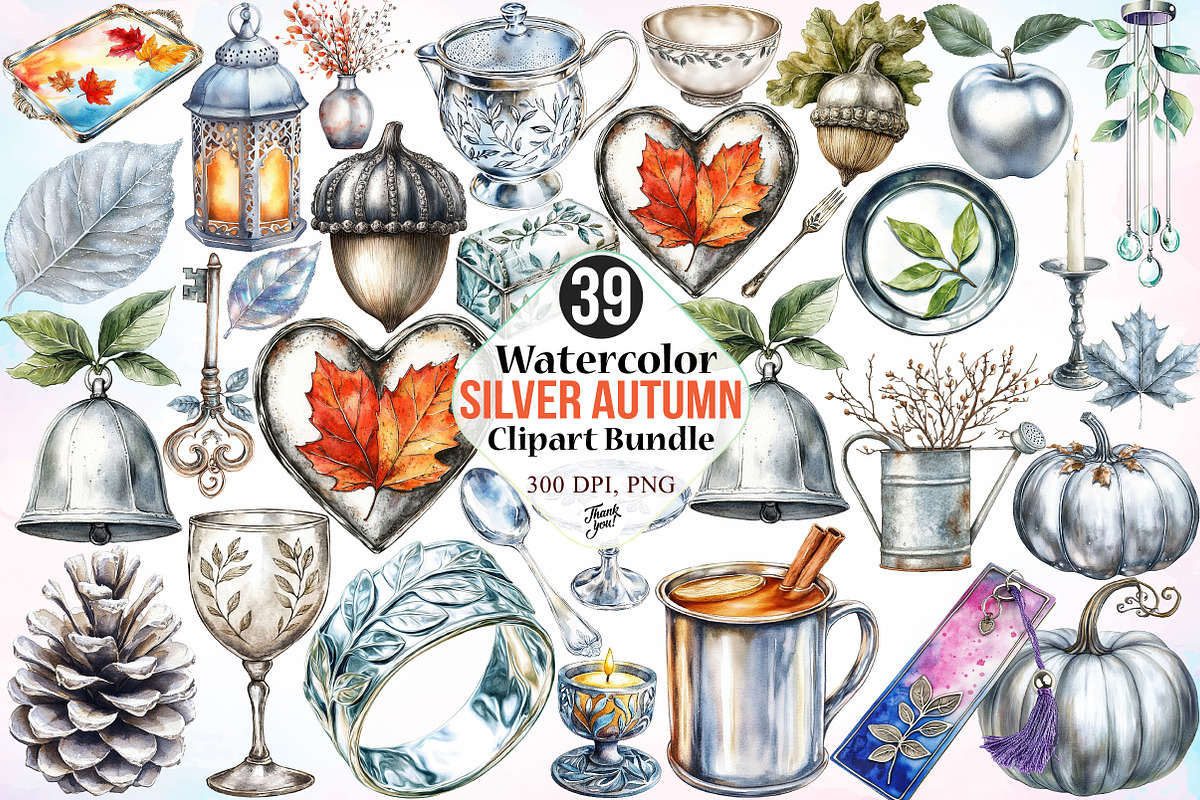 Watercolor Silver Autumn Clipart PNG, a Seasonal Illustration by Canvas Craft (Photo 1 of 3)