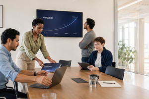 Business meeting discusses AI develo, a Photo by Dvoevnore photos