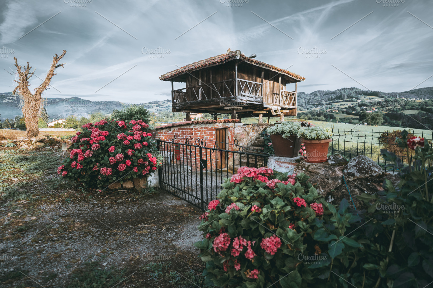 Rustic horreo with flower garden, an Architecture Photo by SkyNext
