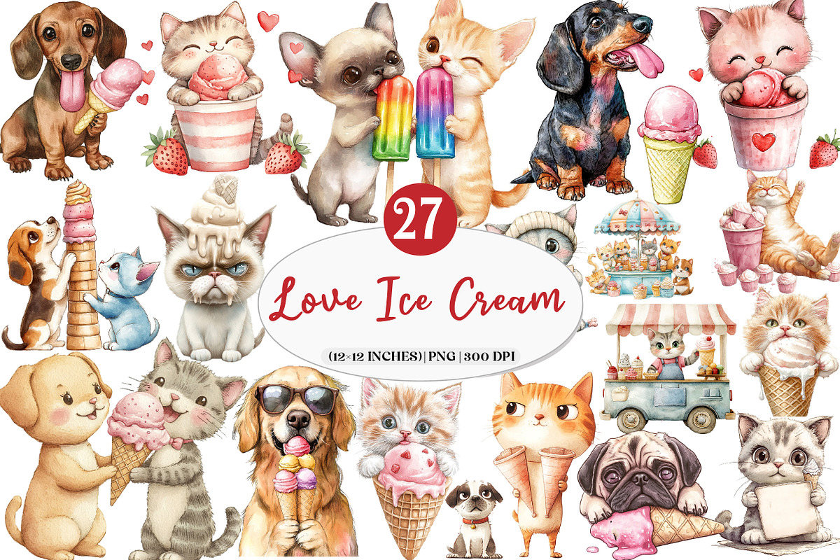 Funny Dog and Cat Love Ice Cream png, an Illustration by Watercolor design (Photo 1 of 5)