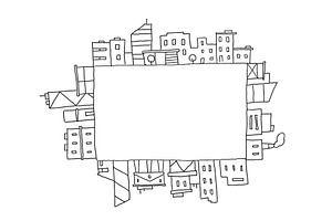 City Panorama Drawing In Rectangular Square Area. Place For Text. Hand Drawn Sketch Vector Stock Line Illustration. Building Architecture Landscape.