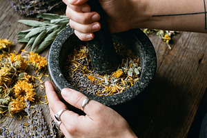 Herbalist Grinding Dried Flowers, a Health & Medical Photo by Virgo Studio