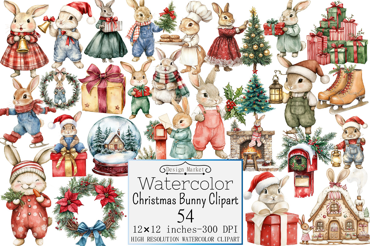Watercolor Christmas Bunny Clipart, a Seasonal Illustration by Design Market (Photo 1 of 5)
