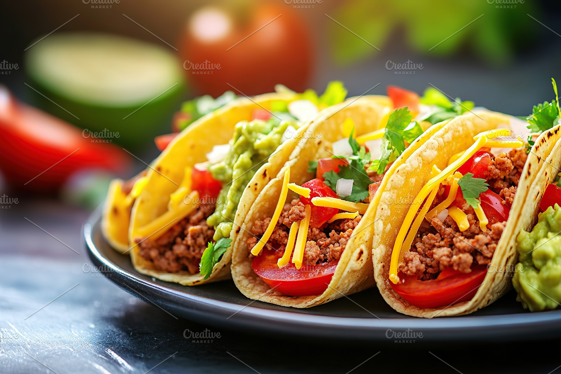 Vegetarian tacos with guacamole, cheese and tomatoes on a plate, a Food & Drink Photo by AlyaAnd