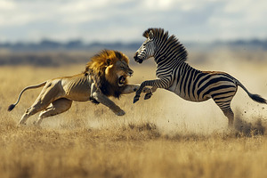 Male lion attacking a zebra in African savannah, an Animal Photo by AlyaAnd
