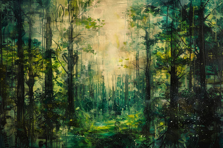 A serene forest filled with rich gre, a Photo by Tanuart