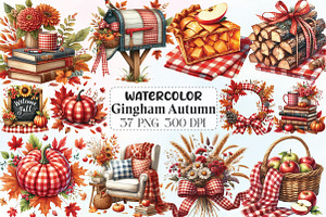 Red Gingham Autumn Clipart, an Illustration by CraftArtStudio