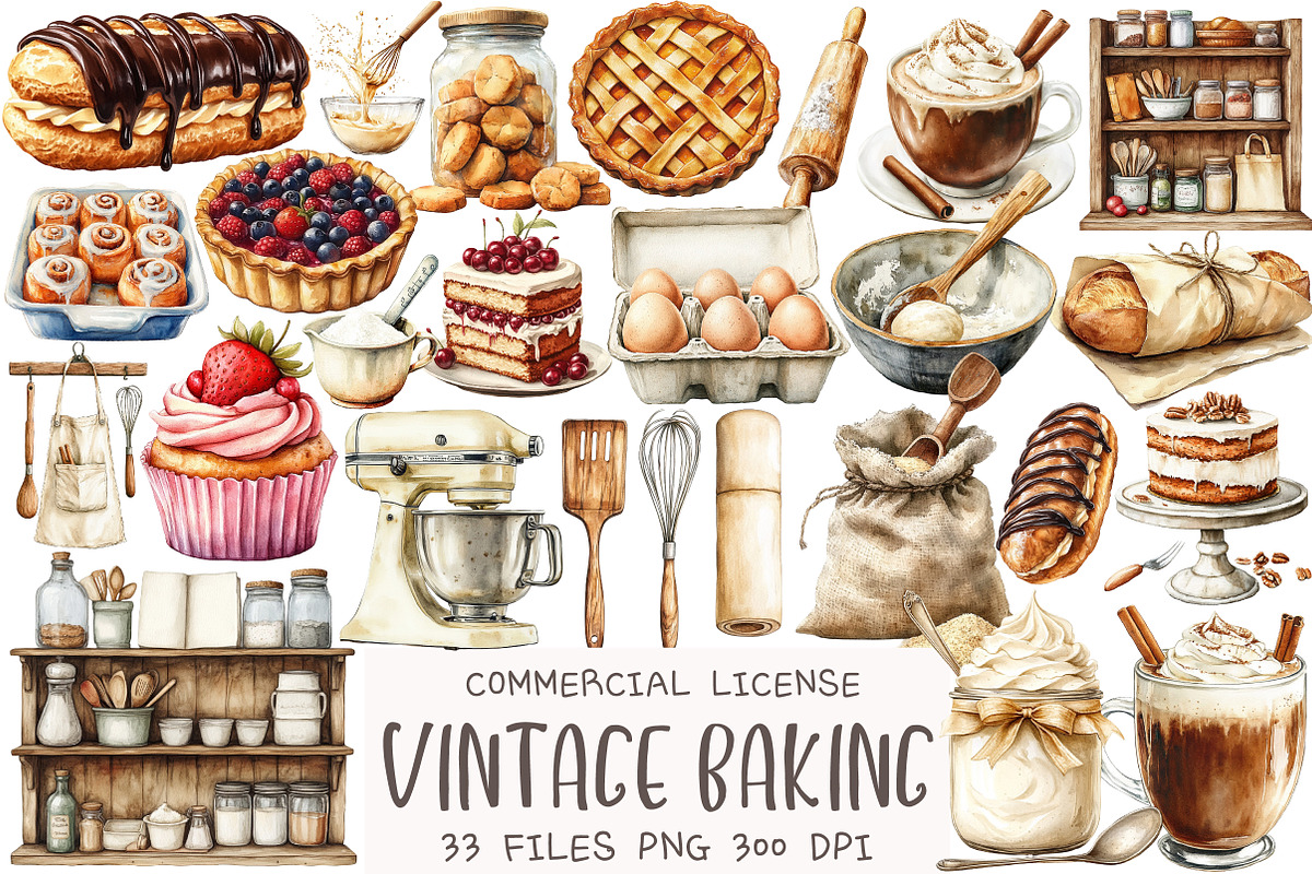 Watercolor Vintage Baking Clipart, an Illustration by OK Design (Photo 1 of 5)