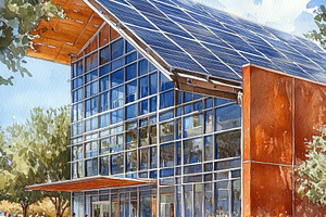 A modern building with a large solar panel roof, surrounded by trees and people, a Transportation Photo by Textures & Backgrounds