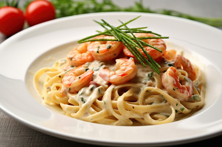 Italian pasta with creamy sauce and shrimp on plate. Generative aI, a Food & Drink Photo by AlyaAnd