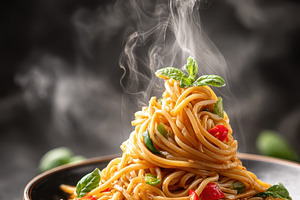 Steaming Spicy Noodles Vegetable Dis, a Photo by Pixeness Studio