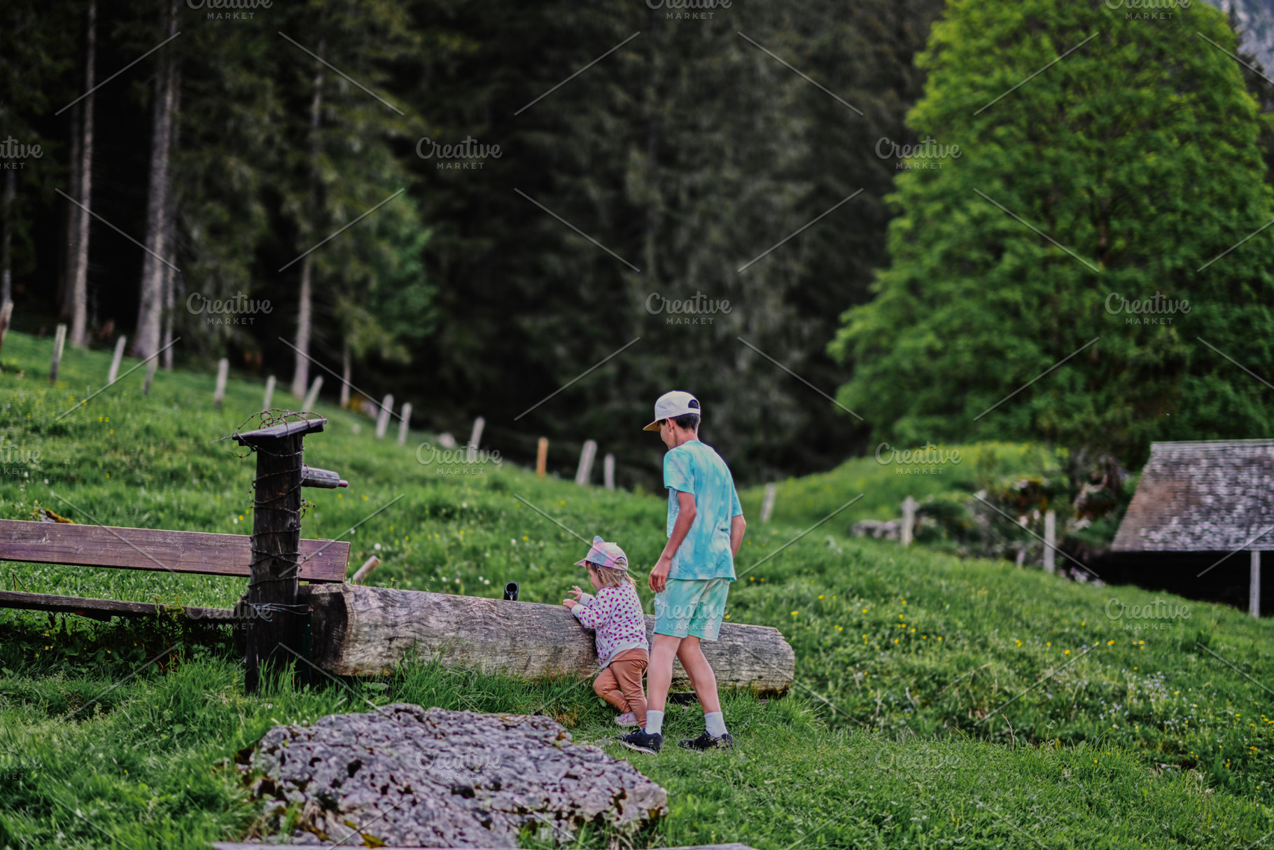 Brother with sister walking at Vorderer Gosausee mountains, Gosa, a Background Photo by AS photostudio
