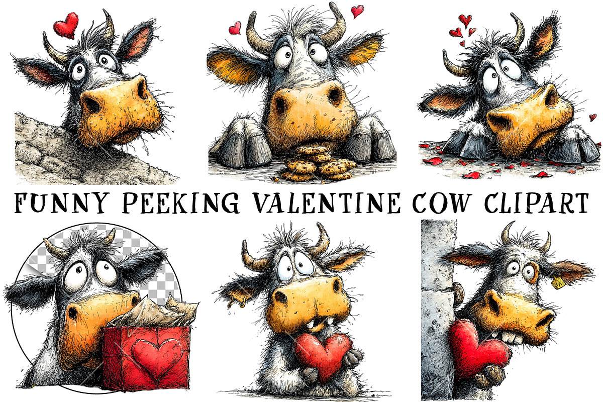 Funny Peeking Valentine Cow Clipart, an Illustration by OK Design (Photo 2 of 6)