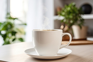 White cup of coffee on kitchen table, a Food & Drink Photo by AlyaAnd