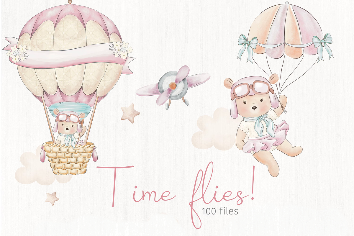 Time flies Pink - Aviator bear, an Illustration by Lolytop Studio (Photo 1 of 7)