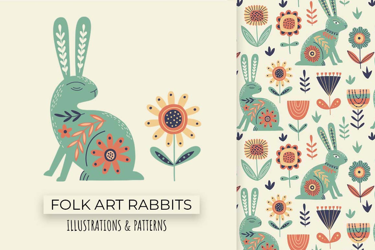 Folk Art Rabbits | 100% hand drawn, an Animal Illustration by Irina Ostapenko (Photo 1 of 7)
