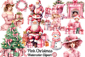 Pink Christmas Watercolor Clipart