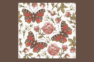 Seamless Flowers Roses Butterflies