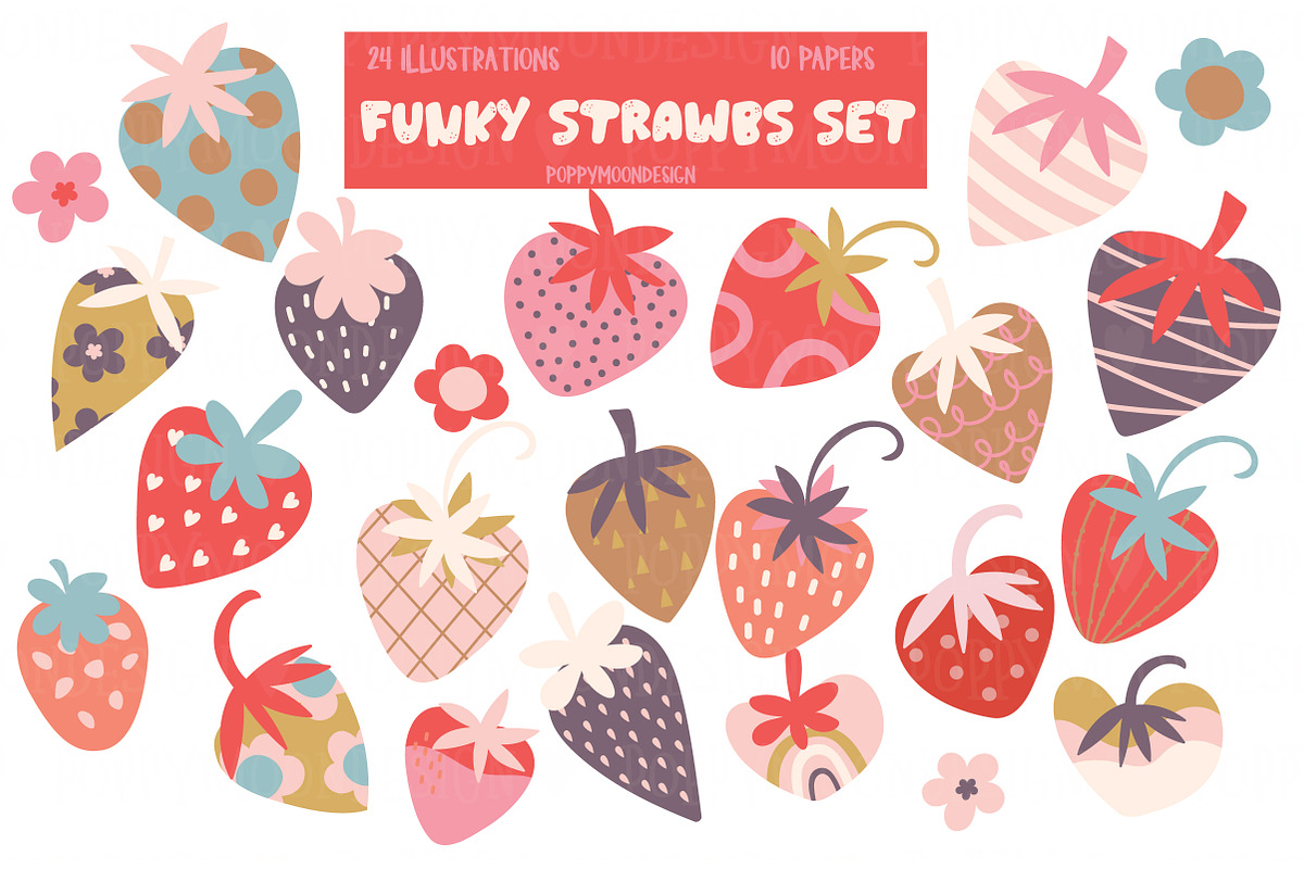 Funky Strawbs clipart & paper set, an Illustration by Poppymoondesign (Photo 1 of 5)