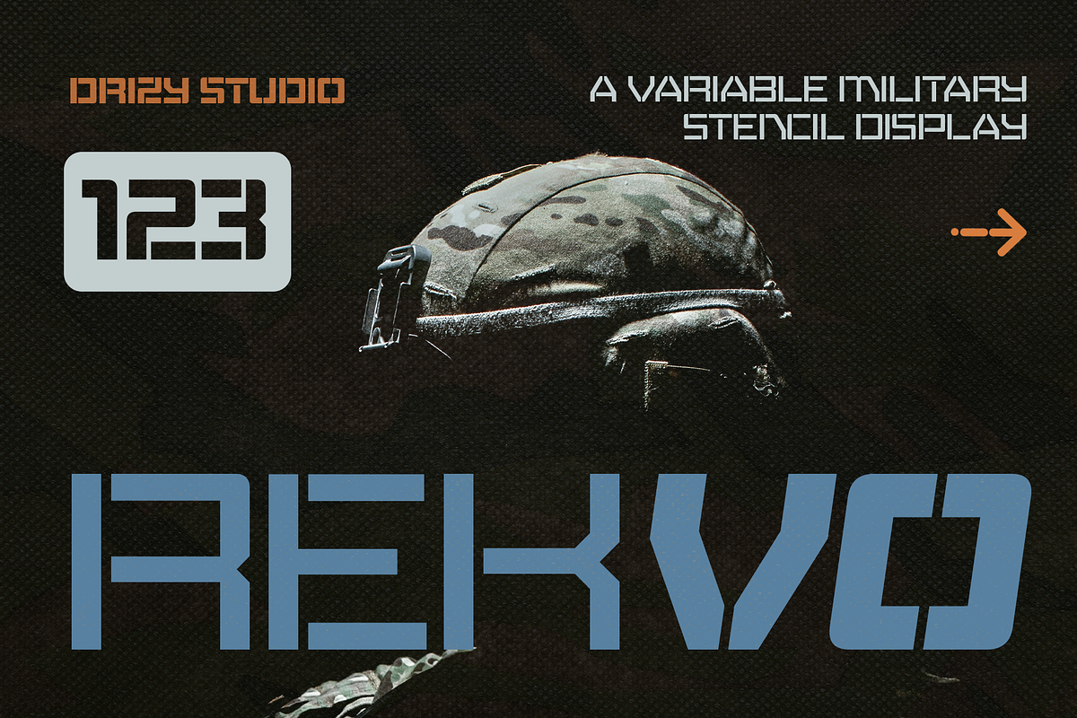 Rekvo – Variable Military Stencil, a Sans Serif Font by Drizy (Photo 1 of 11)