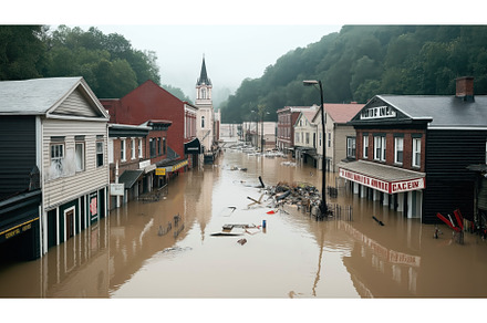 Flooded town street with submerged, an Architecture Photo by Sergey Kotenev