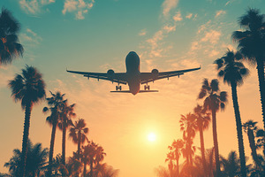 Plane soaring through a sunset sky, a Photo by Pavel_design