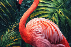 Vibrant pink flamingo standing among lush tropical jungle leaves, an Animal Photo by José Manuel Gelpi