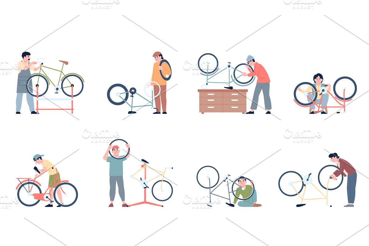 Bicycle repair. Bike service workers, a Transportation Illustration by LadadikArt