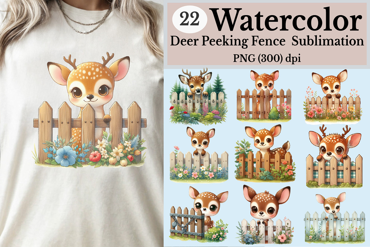 Watercolor Deer Peeking Fence Clipar, an Illustration by Rose Art (Photo 1 of 5)