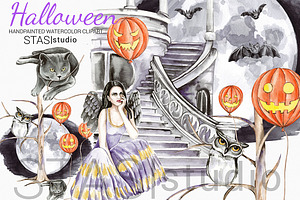 Halloween Witch & Castle Clipart