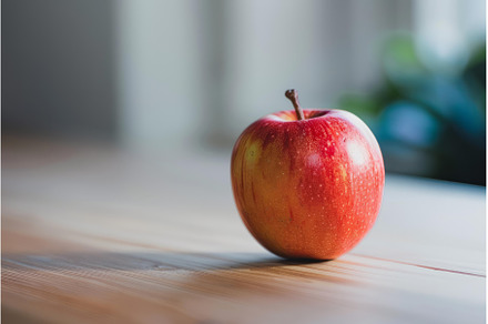 Red apple sitting on wooden table in, a Food & Drink Photo by Ylivdesign