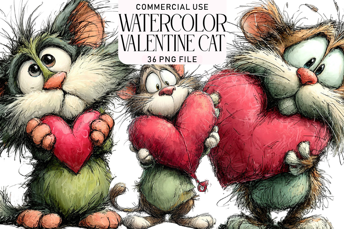 Watercolor Valentine Cat Clipart Bun, an Illustration by Daily.Designs (Photo 1 of 5)