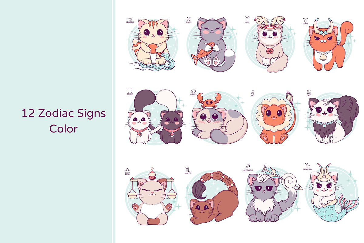 Cute Cats Zodiac Signs Collection, an Animal Illustration by ennona_art (Photo 2 of 6)