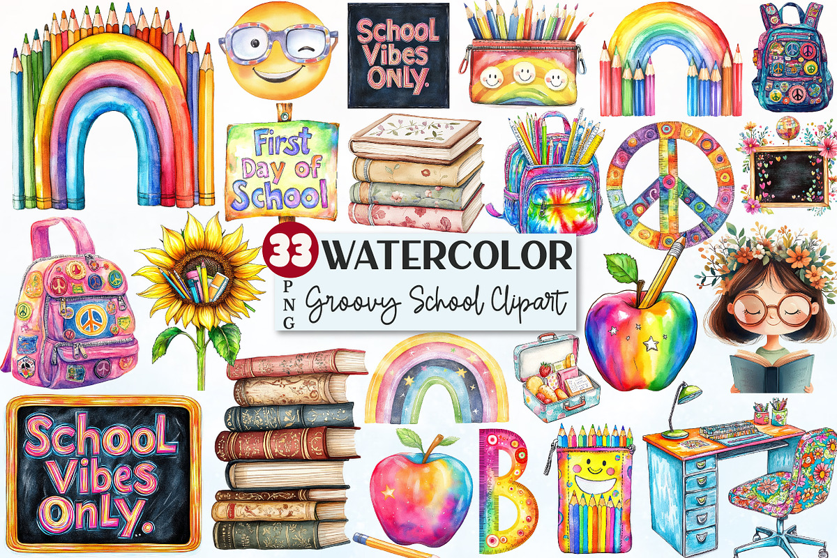 Groovy School Sublimation Clipart, a Seasonal Illustration by Rose Art (Photo 1 of 4)