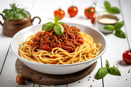 Tasty Italian pasta bolognese in plate. Generative AI, a Food & Drink Photo by AlyaAnd