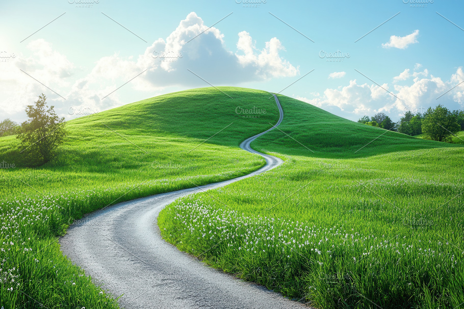 Serene winding path through lush gre, a Photo by Tanuart